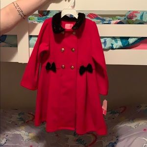 Red holiday peacoat, hat set